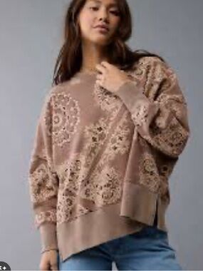 American Eagle Oversized Paisley Knit Sweatshirt - Taupe